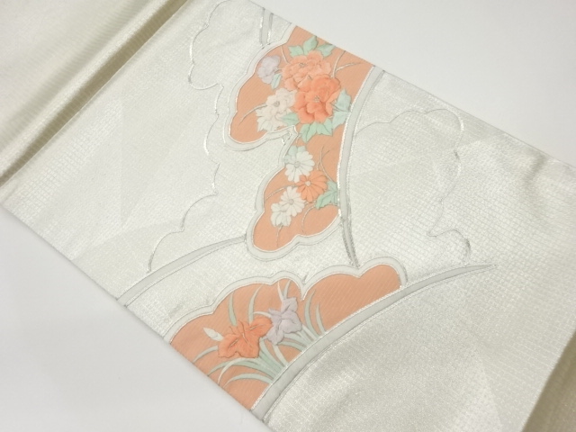 リサイクル　金駒刺繍雲に花々模様開き名古屋帯（額縁仕立て）